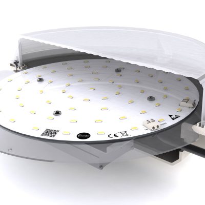A circular 2D luminaire lighting fixture with a sleek, modern design. The fixture features a flat, circular shape with built-in LED lights. The image conveys the concept of contemporary lighting design and energy-efficient LED technology