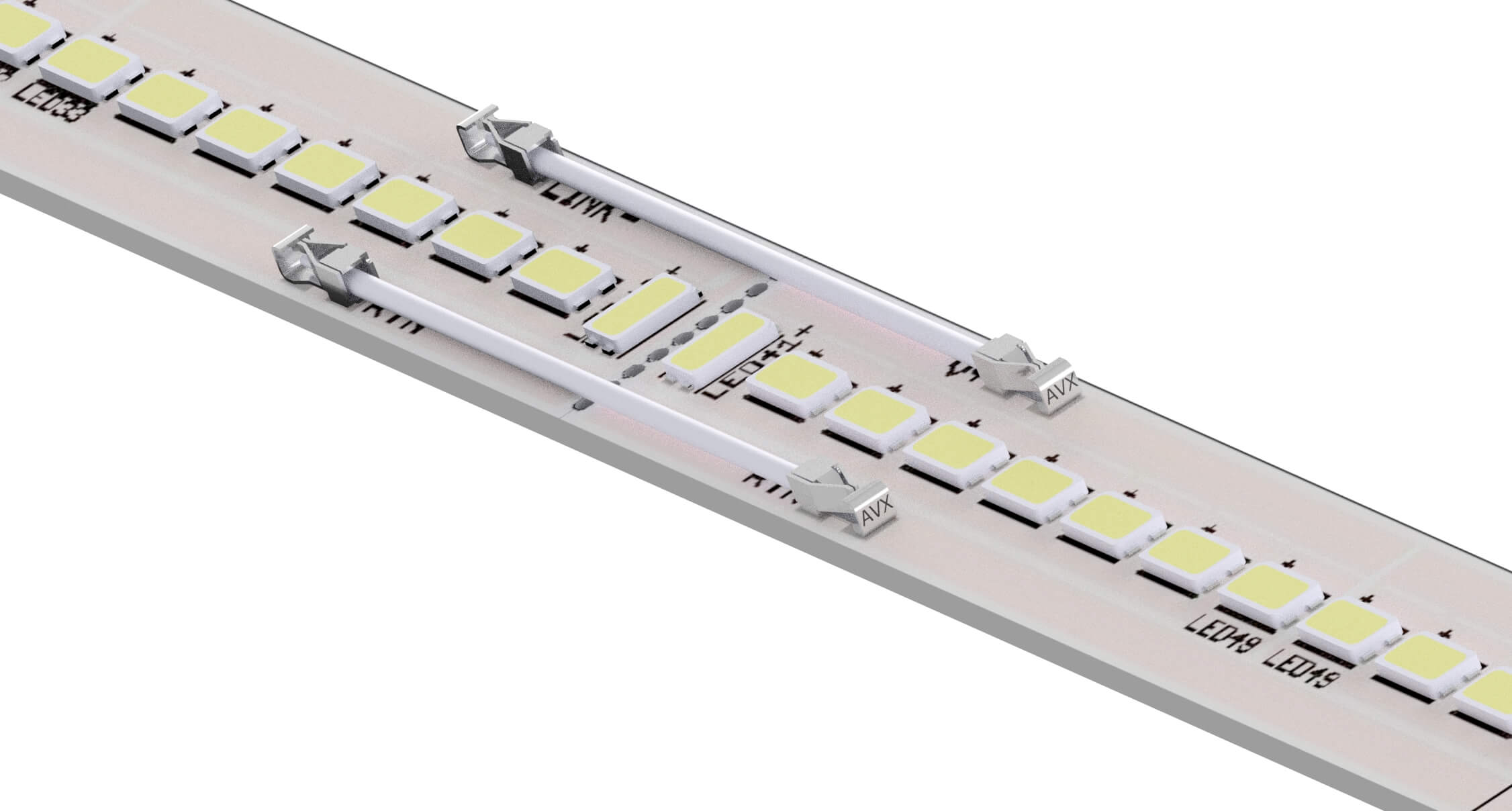 A close-up photograph of an LED strip. The strip features small LED lights arranged along its length, emitting light when powered. The image conveys the concept of LED lighting technology and its application in various contexts.