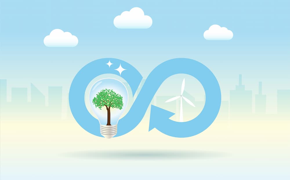 A graphic featuring a sustainability theme with an infinity symbol. One loop of the infinity symbol contains a tree, representing nature, and the other loop contains a windmill, representing renewable energy. The image conveys the concept of environmental sustainability and renewable resources.
